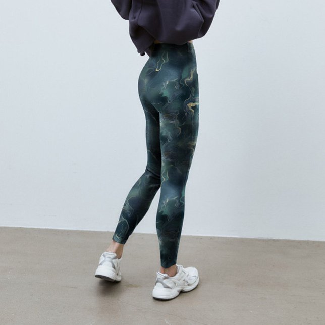 Leggings Motif de teinture Abstraite foncé vert foncé (Modern Abstract Dark Green Tie Dye Pattern Printed Leggings for Yoga, Pilates, Fitness, & Lifestyle.)