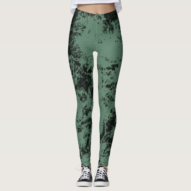 Leggings Motif de texture marbre en noir et vert (Devant)