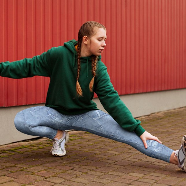 Leggings Motif design Light Blue Jean Faux Effet (Trendy light blue jean faux effect pattern printed leggings, for yoga, fitness, pilates & lifestyle.)