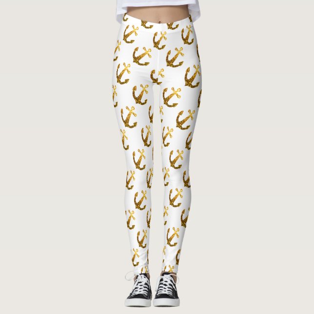 Leggings Motif d'été  d'Ancre d'or faux brillant blanc (Devant)