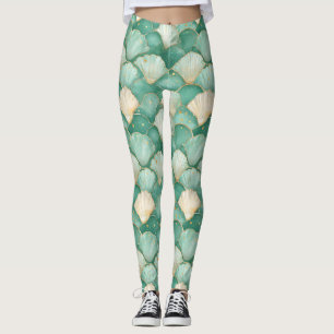 Leggings Motif d'onde Gold Sea Shell dans Aqua Turquoise