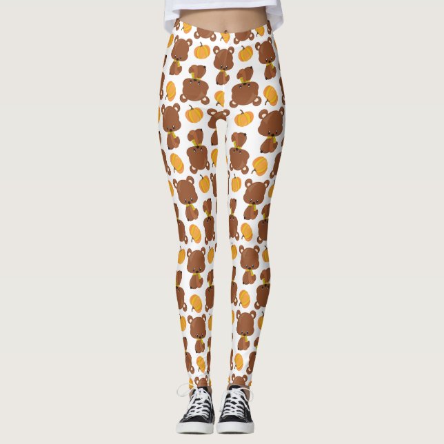 Leggings Motif D'Ours, Ours Mignons, Automne, Citrouille (Devant)