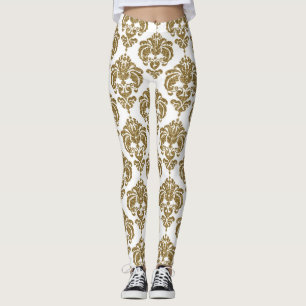Leggings Motif élégant moderne chic damassé or et blanc