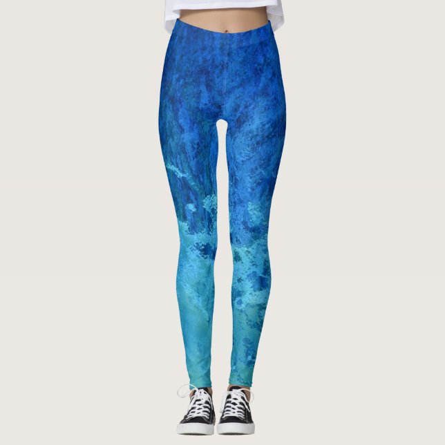 Leggings motif en vitrail abstrait bleu et vert (Devant)