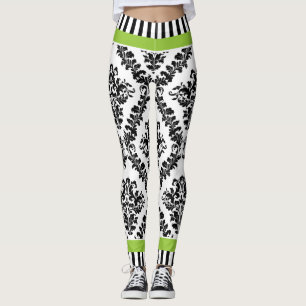 Leggings Motif et rayures damassé blanc vert et noir