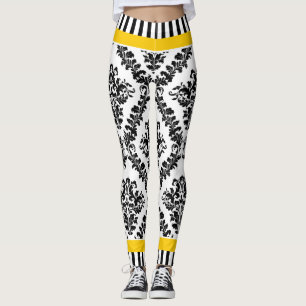 Leggings Motif et rayures damassé jaune et noir blanc