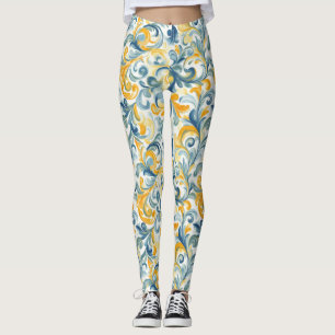 Leggings Motif feuille bleu et or Paisley