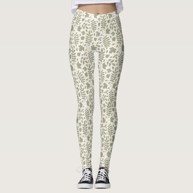 Leggings Motif Feuille déchiré vert sur crème (Devant)
