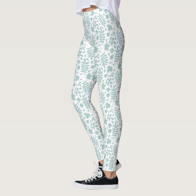 Leggings Motif Feuille perdu Turquoise sur blanc (Gauche)