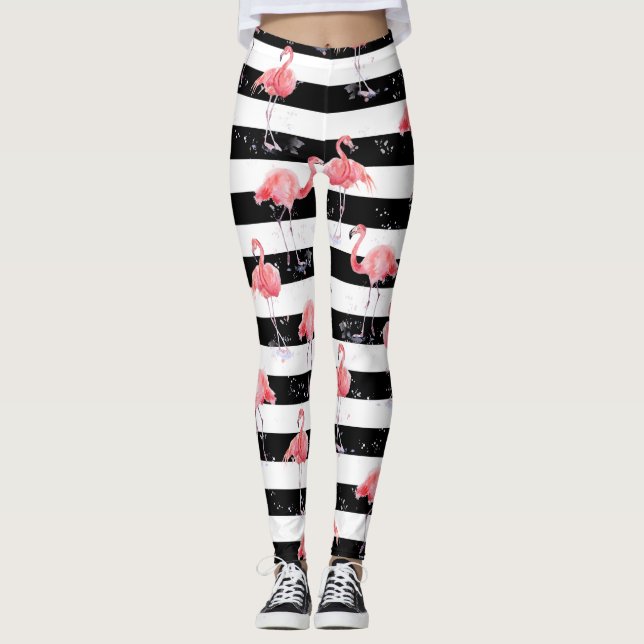 Leggings motif flamand rose et rayures noir et blanc (Devant)