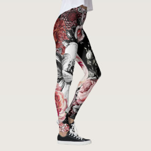 Leggings Motif Fleur Rose Corail Vert Vintage Rose