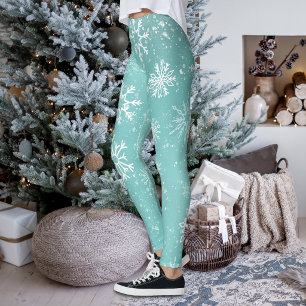 Leggings Motif Flocons de Neige Bleu Turquoise Doux Gel Hiv