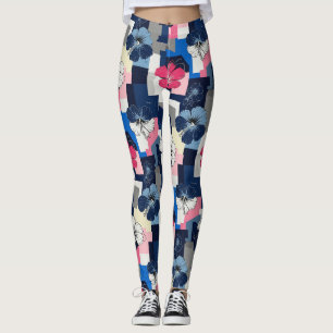 Leggings Motif floral à l'hibiscus bleu élégant (4)