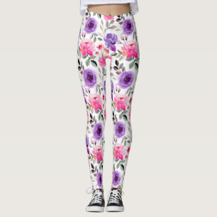 Leggings Motif floral aquarelle vibrant en rose et violet