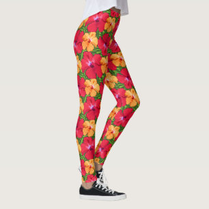 Leggings Motif floral de ketmie tropicale en rouge et