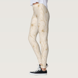 Leggings Motif floral doré élégant en ligne continue