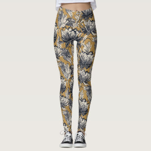 Leggings Motif floral élégant noir et blanc sur fond doré m