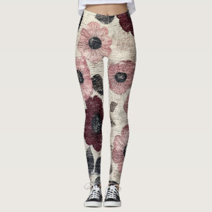 Leggings Motif Floral Lin Rustique Rose (7)