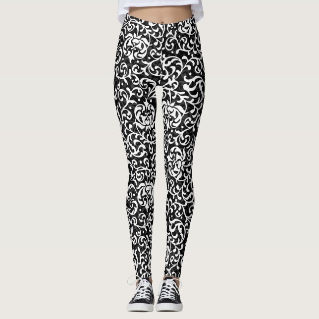 Leggings Motif floral noir et blanc de damassé (Devant)