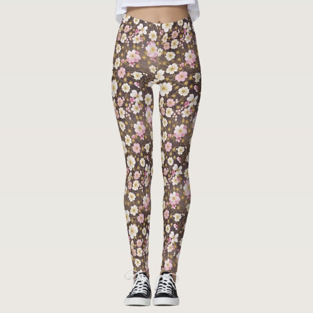 Leggings Motif floral rose et blanc Cosmos (Devant)