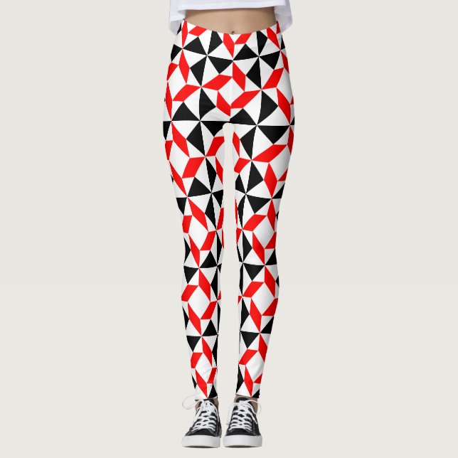 Leggings Motif géométrique abstrait noir rouge (Devant)