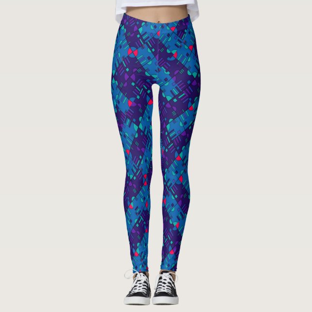 Leggings Motif géométrique en bleu et pourpre (Devant)
