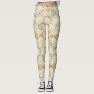 Leggings Motif géométrique en marbre crème à hexagone doré
