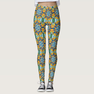Leggings Motif géométrique fractal bleu et jaune
