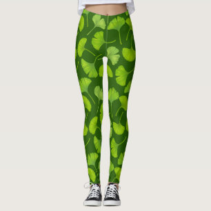 Leggings Motif Ginkgo sur vert foncé