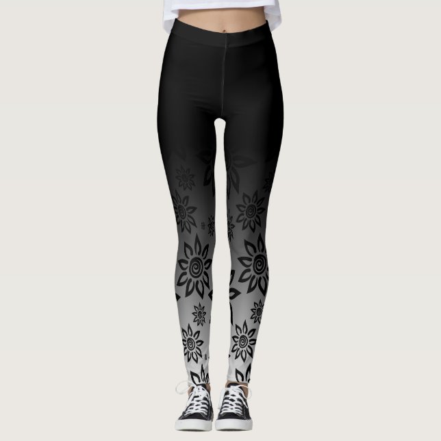 Leggings Motif graphique floral noir et blanc d'Ombre (Devant)