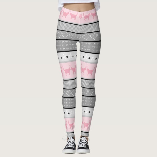 Leggings Motif, gris et rose justes de chat d'île (Devant)