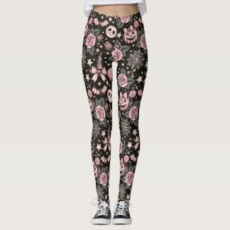 Leggings Motif Halloween Citrouille et Toile Rose et Noir