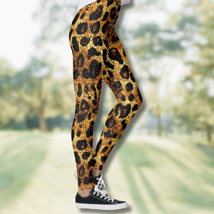 Leggings Motif Léopard Marron Doré Pailleté Luxe