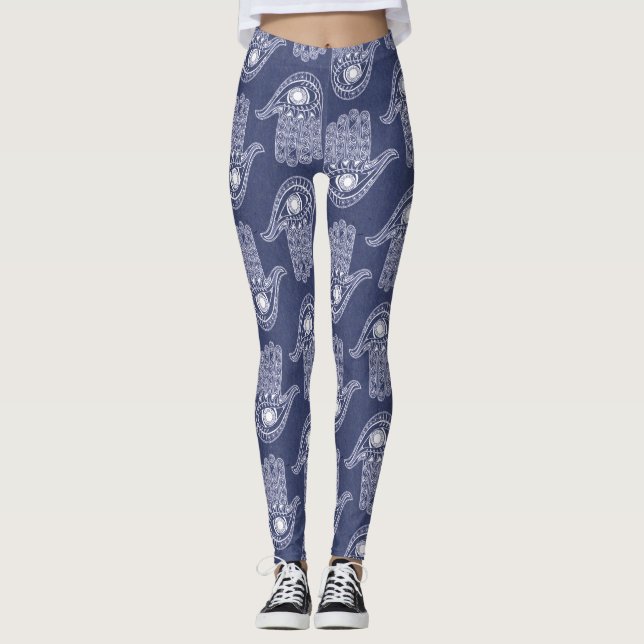 Leggings Motif main de hamsa bleu et blanc / défense oculai (Devant)