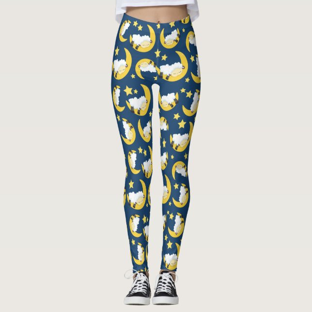 Leggings Motif mouton, Mouton couché, Lune, Étoiles (Devant)