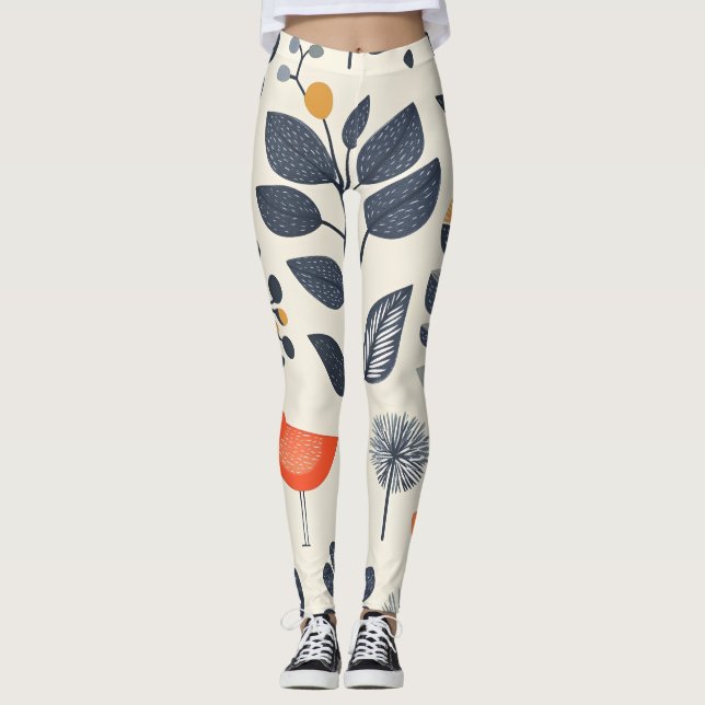 Leggings 🌿 Motif Nature Scandinave avec Oiseau 🐦 (Devant)