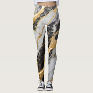 Leggings Motif noir et Marbre blanc avec or