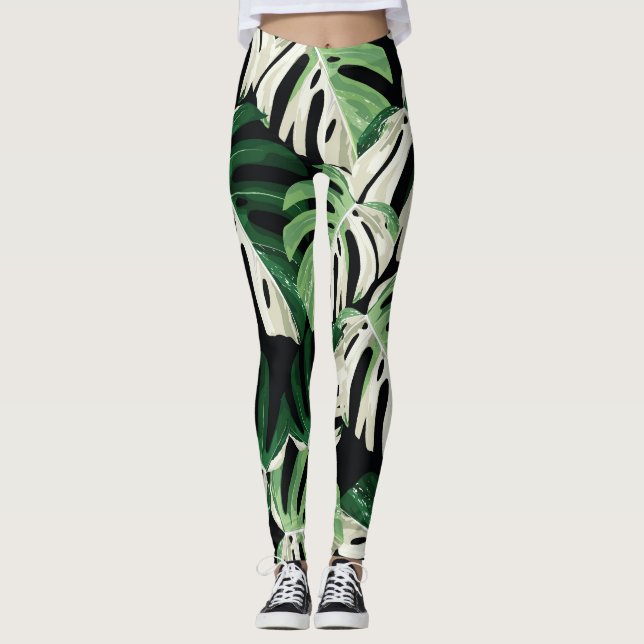 Leggings Motif noir extérieur de feuille Monstera (Devant)