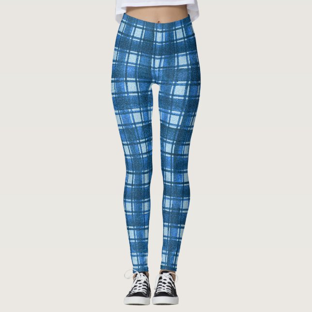 Leggings Motif Plaid bleu et blanc moderne Denim (Devant)