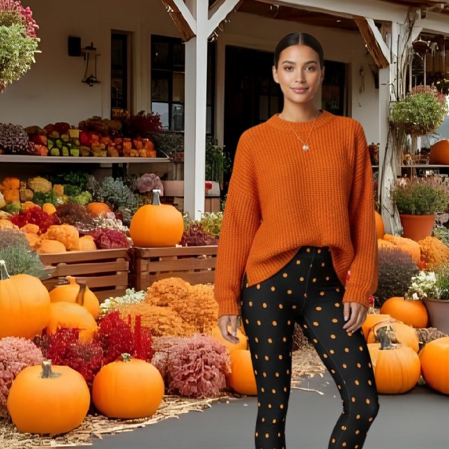 Leggings Motif Pois mignon noir orange (Cute Black Orange Polka Dots Pattern Leggings)