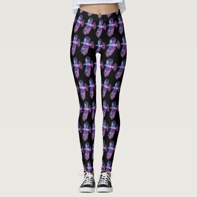 Leggings Motif pourpre de faucons sur le noir (Devant)