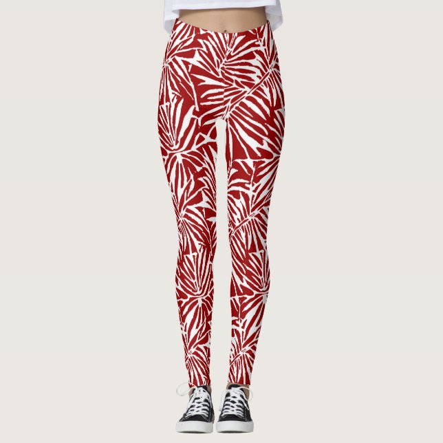 Leggings Motif Répétant à feuilles tropicales blanches et r (Devant)