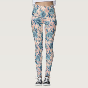 Leggings Motif Rose bleu rétro sur Arrière - plan rose doux