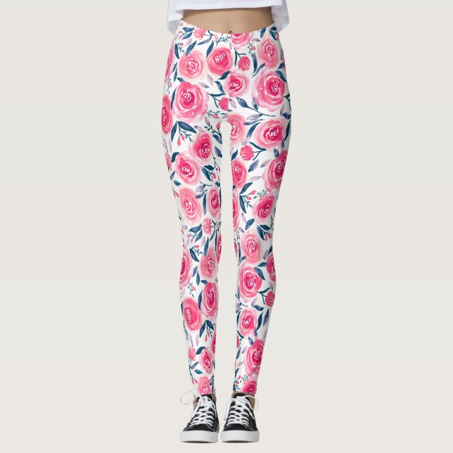 Leggings Motif Rose d'aquarelle rose (Devant)