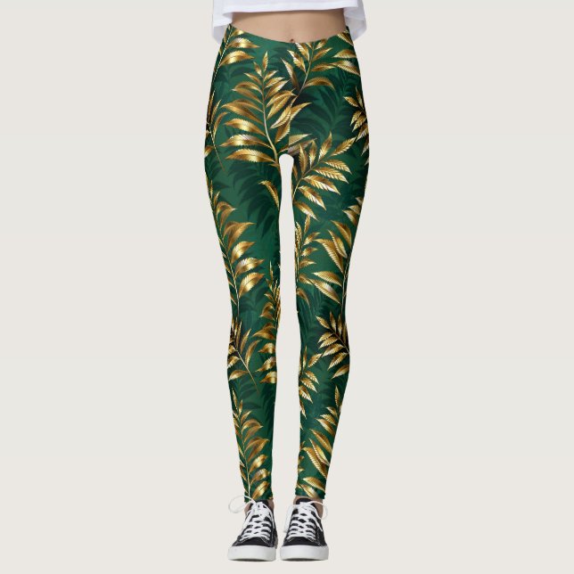 Leggings Motif sans couture avec des fougères dorées (Devant)