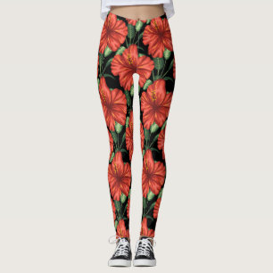 Leggings Motif sans couture Fleurs rouges tropicales feuill