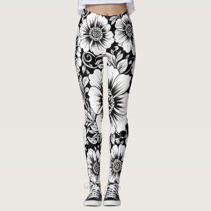 Leggings Motif sans couture floral vintage noir et blanc (2