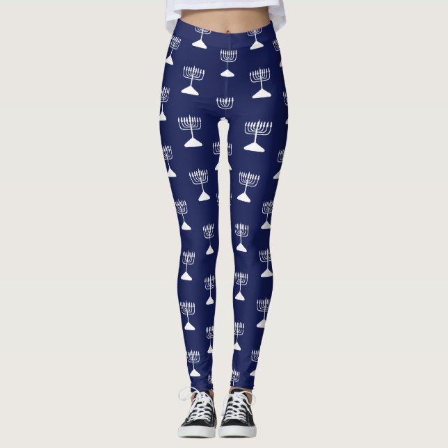 Leggings Motif simple de Menorah Hanoukka Navy Blue (Devant)