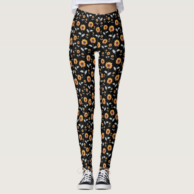 Leggings Motif Tournesol En Noir (Devant)