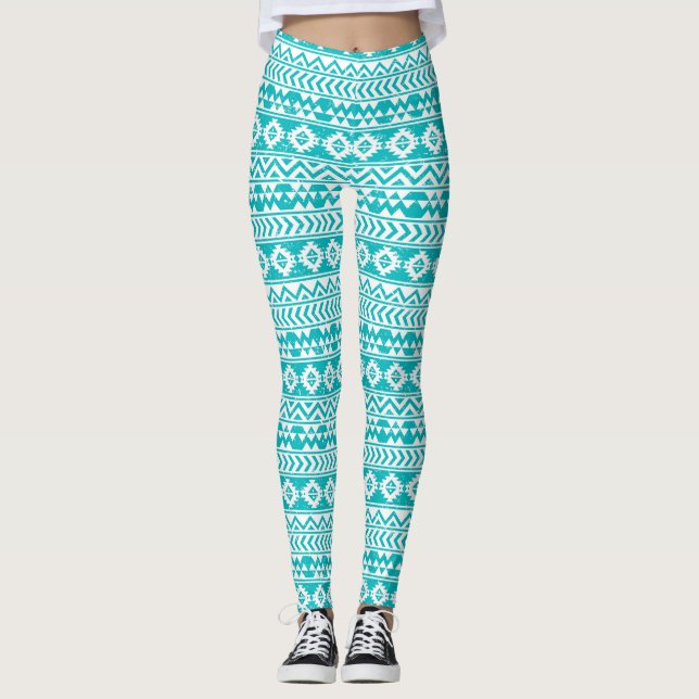 Leggings Motif tribal aztèque grunge turquoise (Devant)